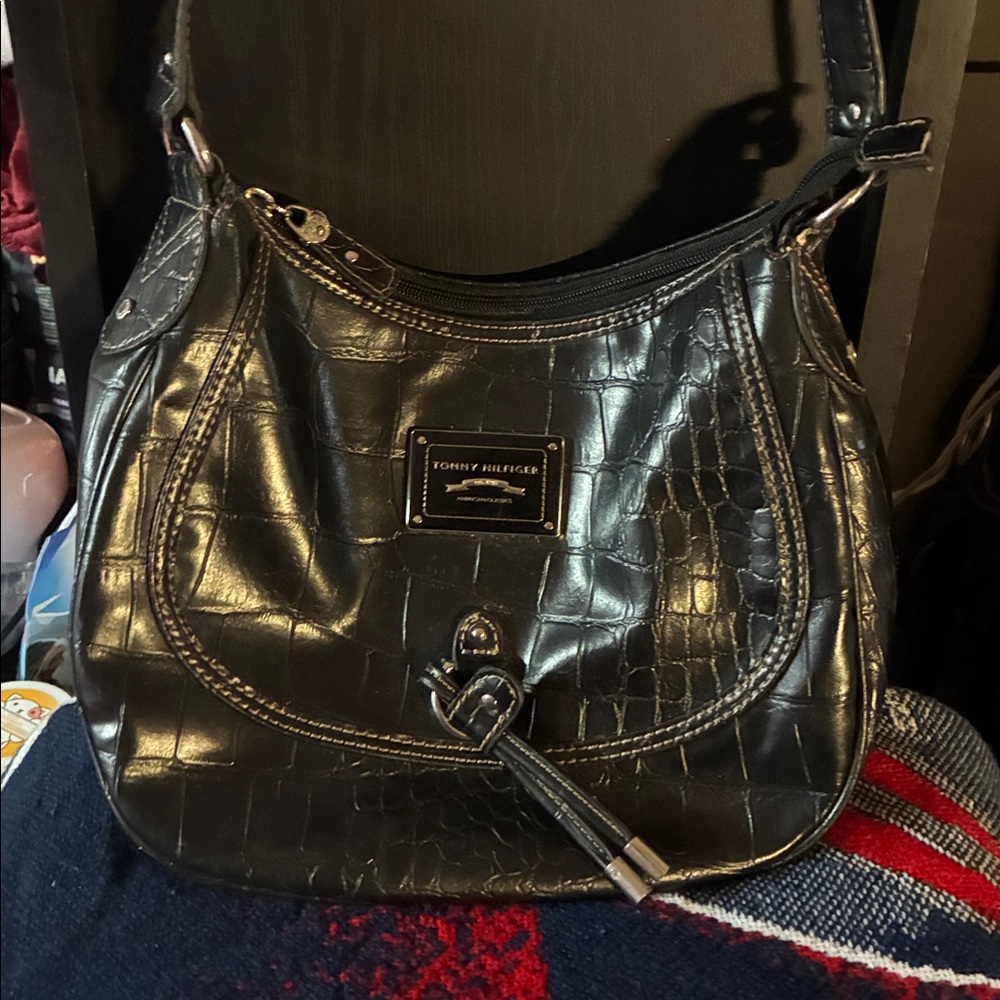 Like New Tommy Hilfiger Black Embossed Leather Bag